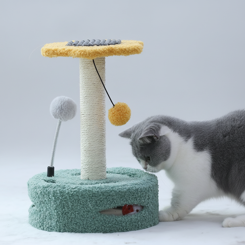 Chat perché sur un arbre à chat en forme de fleur, design original
