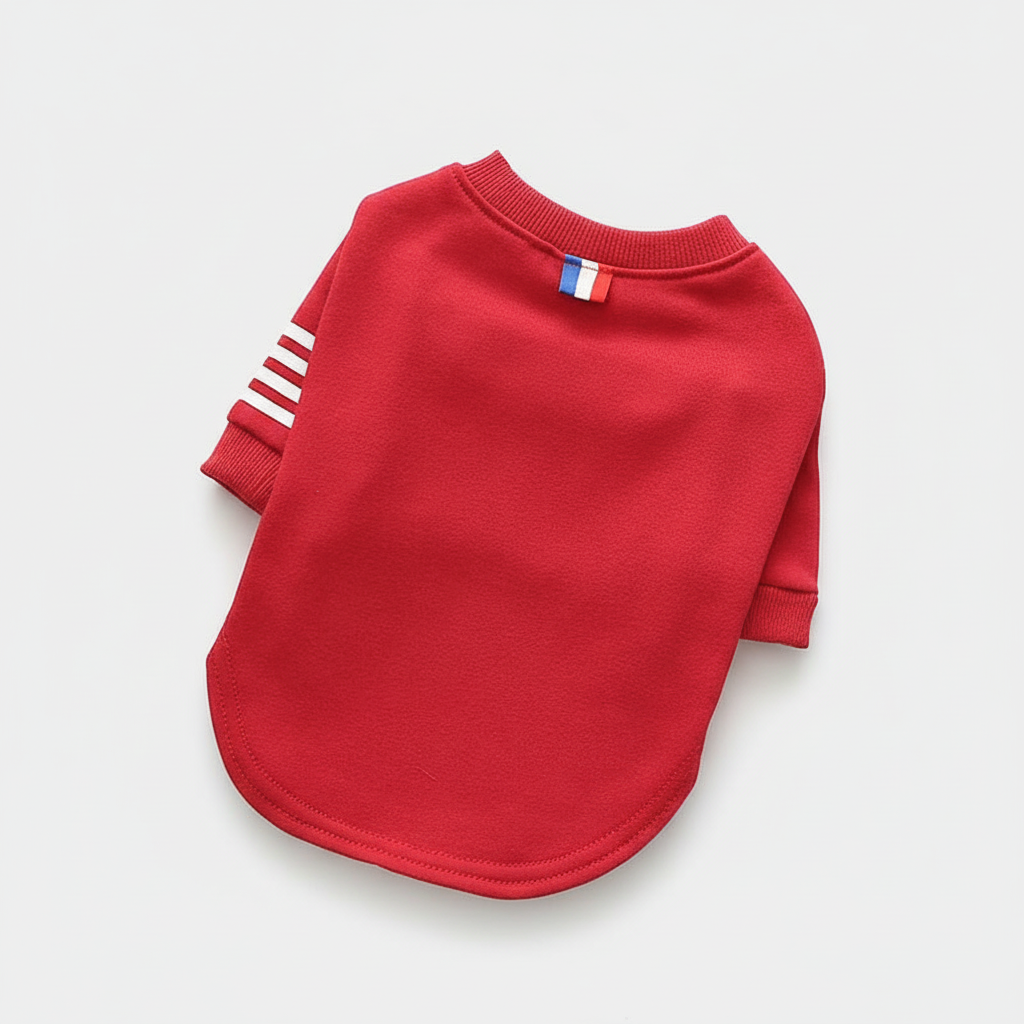 Zoom sur les détails du sweat Frenchy pour chien, tissu doux et couture soignée