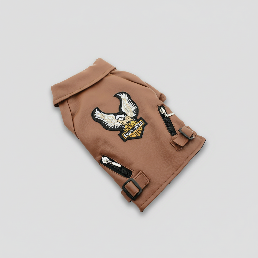 Détail de la fermeture et texture de la veste motard pour chien